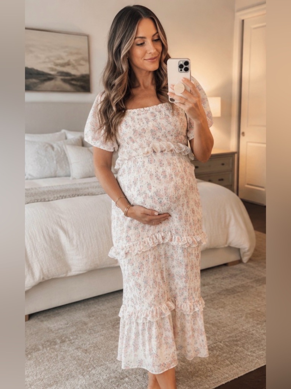 Smocked Square Neck Maternity Maxi Dress - Pink Floral